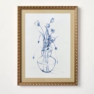 HEARTH & HAND NWT blue floral art sketch framed wall art -12x16